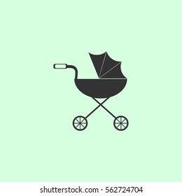 Pram icon flat. Grey vector symbol on green background