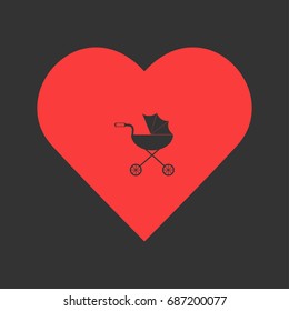 Pram icon flat. Simple pictogram on heart background. Vector illustration symbol