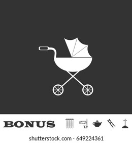 Pram icon flat. White pictogram on black background. Vector illustration symbol and bonus icons