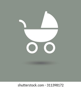 Pram icon in modern style with shadow and gray background. Symbol of baby car and birth.