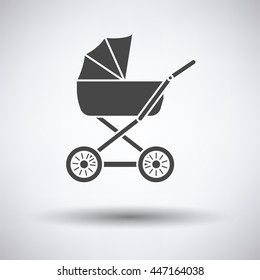 Pram icon on gray background, round shadow. Vector illustration.