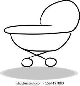 Pram icon on white background, flat design, hand drawing. Illustration cot, contour of symbol black