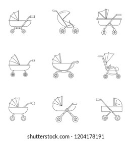 Pram icon set. Outline set of 9 pram vector icons for web design isolated on white background