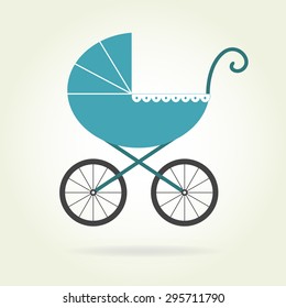 Pram icon or sign. Baby carriage in old style. Colorful vector illustration.
