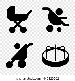 Pram icons set. set of 4 pram filled icons such as baby stroller, child playground carousel