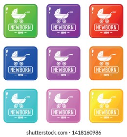 Pram icons set 9 color collection isolated on white for any design