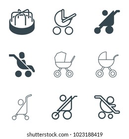 Pram icons. set of 9 editable filled and outline pram icons such as baby stroller, baby carriage