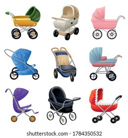 Pram icons set. Cartoon set of pram vector icons for web design