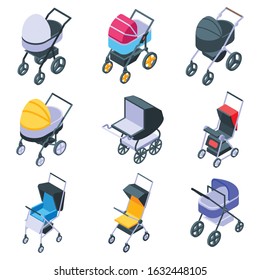 Pram icons set. Isometric set of pram vector icons for web design isolated on white background