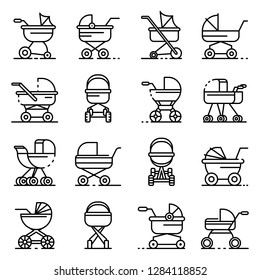 Pram icons set. Outline set of pram vector icons for web design isolated on white background