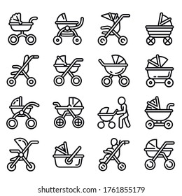 Pram icons set. Outline set of pram vector icons for web design isolated on white background