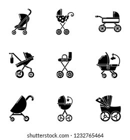 Pram icons set. Simple set of 9 pram vector icons for web isolated on white background