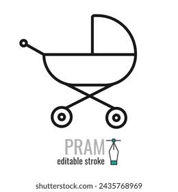 Pram line icon. Baby carriage symbol. Stroller outline vector icon.Linear style sign for mobile concept and web design. Symbol, logo illustration EPS 10. Editable stroke