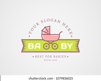 Pram logo. Vector emblem with a baby stroller for children's goods store. Cute design isolated on white background.