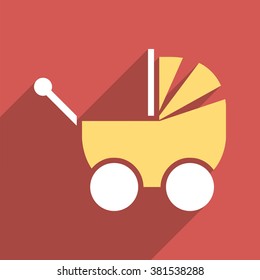 Pram long shadow vector icon. Style is a flat light symbol on a red square background.