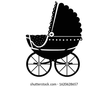 Pram. Monochrome object isolated on white background. Hand drawn illustration 
