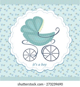 Pram on an abstract background in child blue flowers. Blue pram for a boy.
