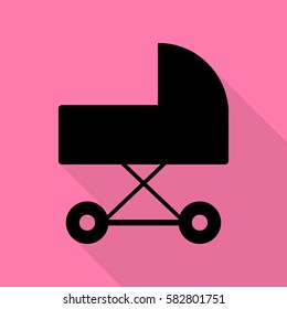 Pram sign illustration. Black icon with flat style shadow path on pink background.