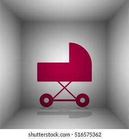 Pram sign illustration. Bordo icon with shadow in the room.