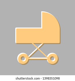 Pram sign illustration. Emboss effect with light orange icon on gray background.