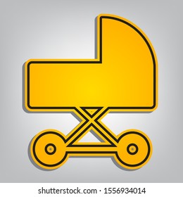 Pram sign illustration. Flat orange icon with overlapping linear black icon with gray shadow at whitish background. Illustration.