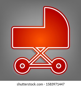 Pram sign illustration. Flat red icon with linear white icon with gray shadow at grayish background. Illustration.