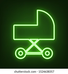 Pram sign illustration. Green neon icon in the dark. Blurred lightening. Illustration.