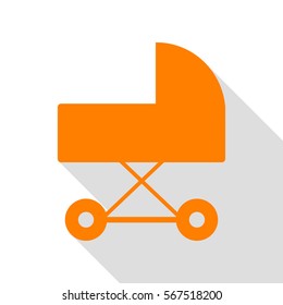 Pram sign illustration. Orange icon with flat style shadow path.