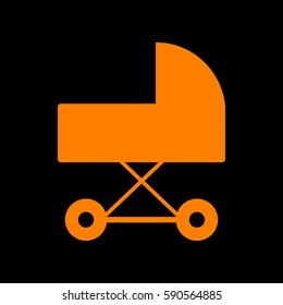 Pram sign illustration. Orange icon on black background.
