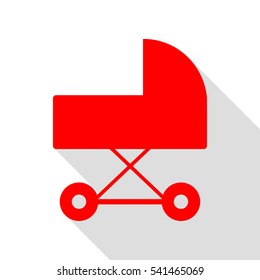 Pram sign illustration. Red icon with flat style shadow path.