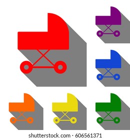 Pram sign illustration. Set of red, orange, yellow, green, blue and violet icons at white background with flat shadow.