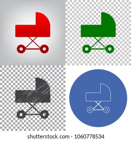 Pram sign illustration. Vector. 4 styles. Red gradient in radial lighted background, green flat and gray scribble icons on transparent and linear one in blue circle.