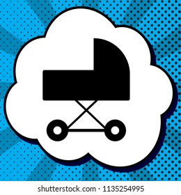 Pram sign illustration. Vector. Black icon in bubble on blue pop-art background with rays.
