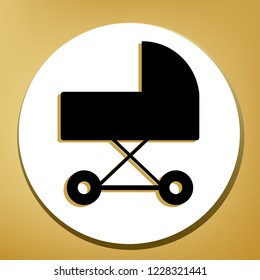 Pram sign illustration. Vector. Black icon with light brown shadow in white circle with shaped ring at golden background.