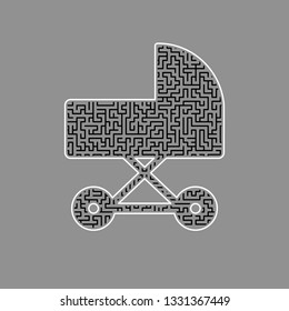 Pram sign illustration. Vector. Black maze filled icon with white border at gray background.