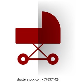 Pram sign illustration. Vector. Bordo icon on white bending paper background.