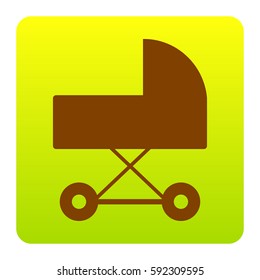 Pram sign illustration. Vector. Brown icon at green-yellow gradient square with rounded corners on white background. Isolated.