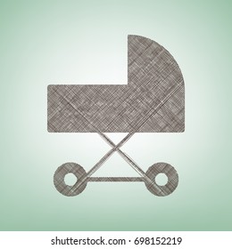 Pram sign illustration. Vector. Brown flax icon on green background with light spot at the center.