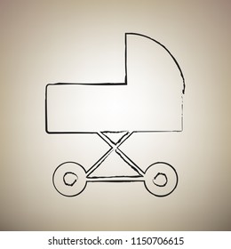 Pram sign illustration. Vector. Brush drawed black icon at light brown background.