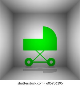 Pram sign illustration. Vector. Green icon with shadow in the room.