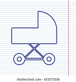 Pram sign illustration. Vector. Navy line icon on notebook paper as background with red line for field.