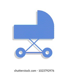 Pram sign illustration. Vector. Neon blue icon with cyclamen polka dots pattern with light gray shadow on white background. Isolated.