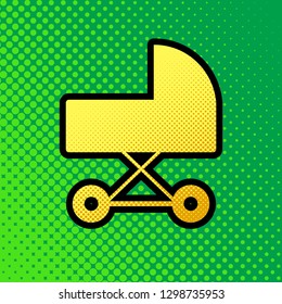 Pram sign illustration. Vector. Pop art orange to yellow dots-gradient icon with black contour at greenish background.