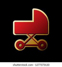 Pram sign illustration. Vector. Red icon with small black and limitless shadows at golden sticker on black background.