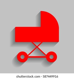 Pram sign illustration. Vector. Red icon with soft shadow on gray background.