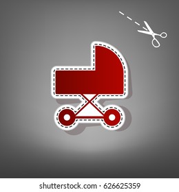 Pram sign illustration. Vector. Red icon with for applique from paper with shadow on gray background with scissors.
