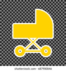 Pram sign illustration. Vector. Yellow icon with white contour on dark transparent background.