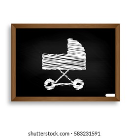 Pram sign illustration. White chalk icon on black school board w