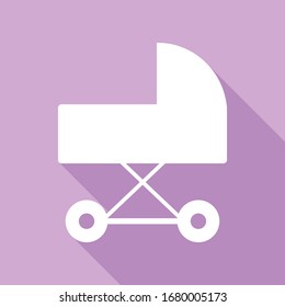 Pram sign illustration. White Icon with long shadow at purple background. Illustration.