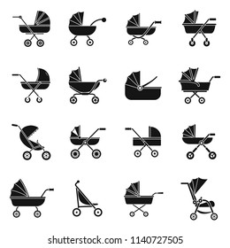 Pram stroller carriage cradle buggy icons set. Simple illustration of 16 pram stroller carriage cradle buggy vector icons for web